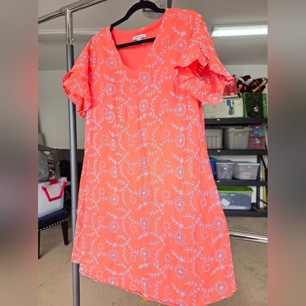 Isaac Mizrahi Live! Coral Floral Eyelet Dress Size 16 Chest 21" - Picture 4 of 5